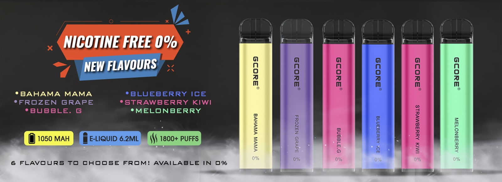 GCore ZERO NICOTINE 1800 Puff Disposable eCigs - 5 Flavours