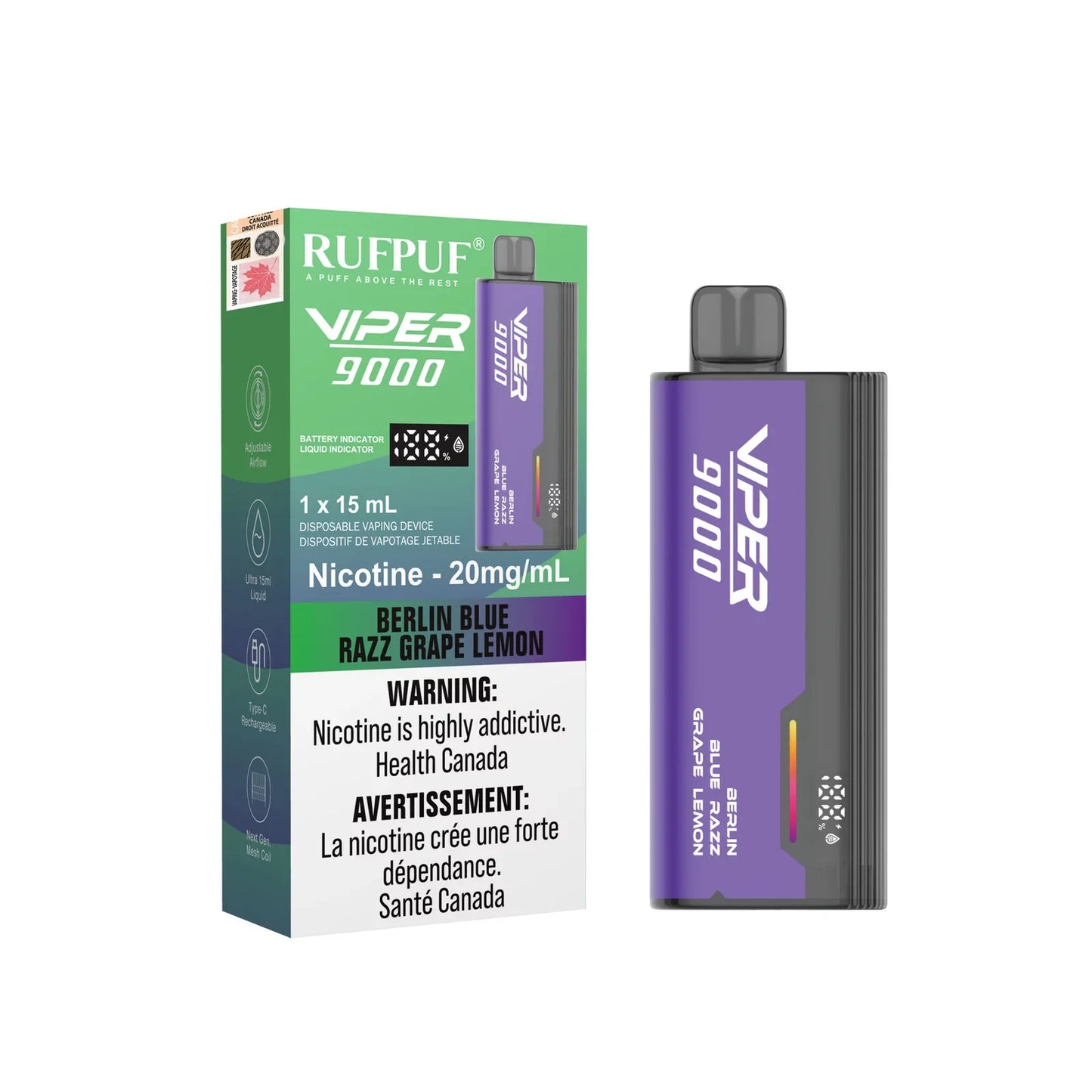 Rufpuf Viper 9000 Berlin Blue Razz Grape Lemon 20mg (Excise Tax)